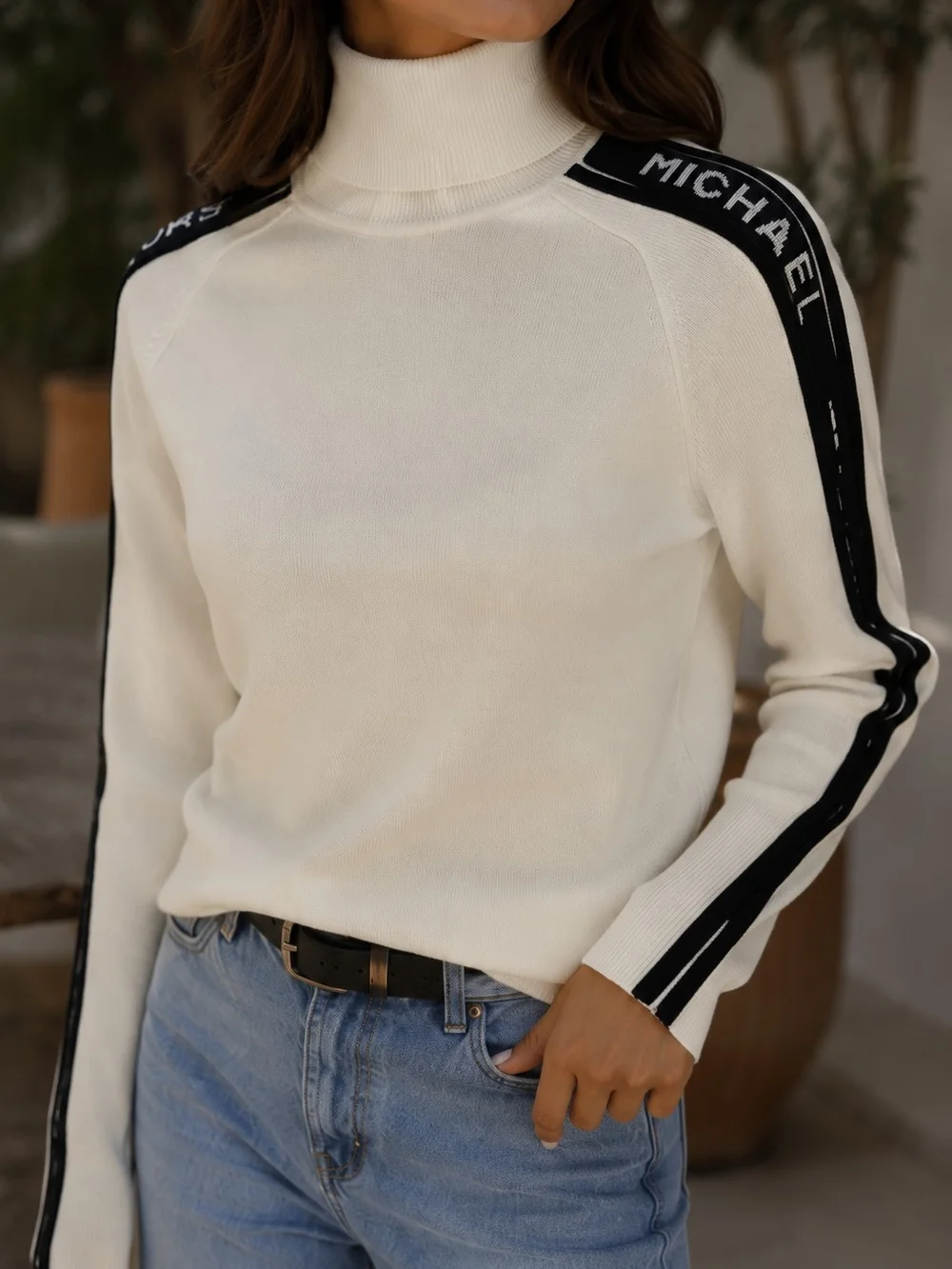 Vintage Michael Kors Y2K Logo Tape Turtleneck Sweater Ivory Knit M